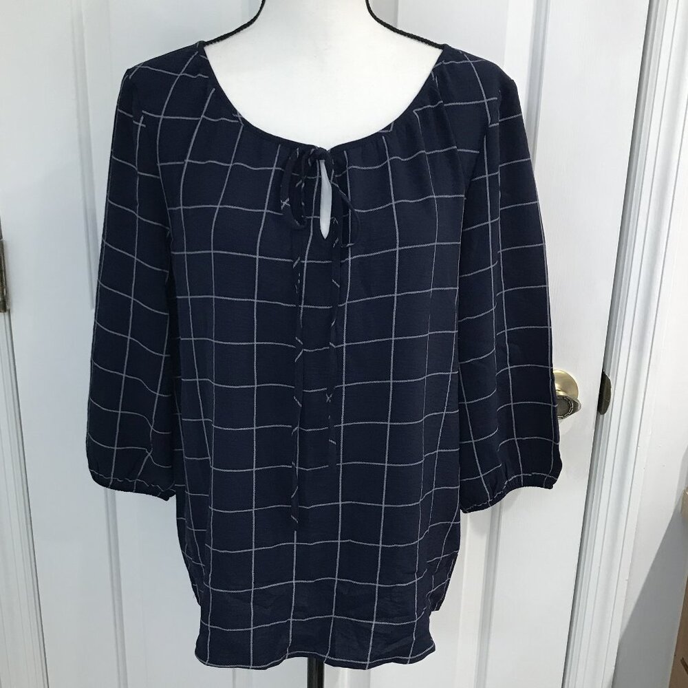 NYCC Women's Windowpane Lace Up Blouse M